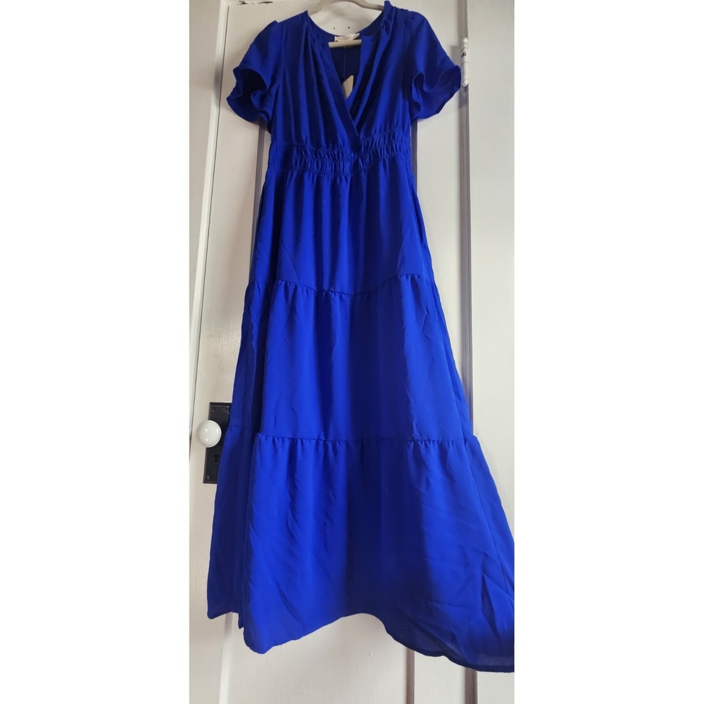 NWT monteau womans L royal blue smocked waist tiered maxi‎ dress flutter sleeves - Picture 2 of 9